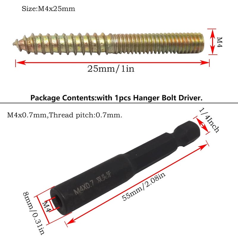 DGZ 20Pcs Hanger Bolts Double Headed Bolts Kit,with (M4x0.7mm) Hanger Bolt Driver, Hanger Bolts for Wood Furniture(M4x25mm) - Image 3